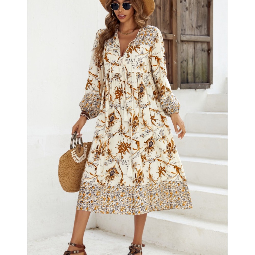 Bohemian Floral Midi Dress in Cream and Mustard